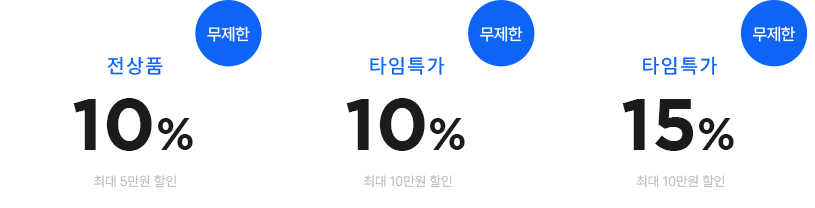 무제한! 전상품 10%(최대 5만원할인), 타임특가 10%(최대10만원할인), 타임특가 15%(최대 10만원 할인)